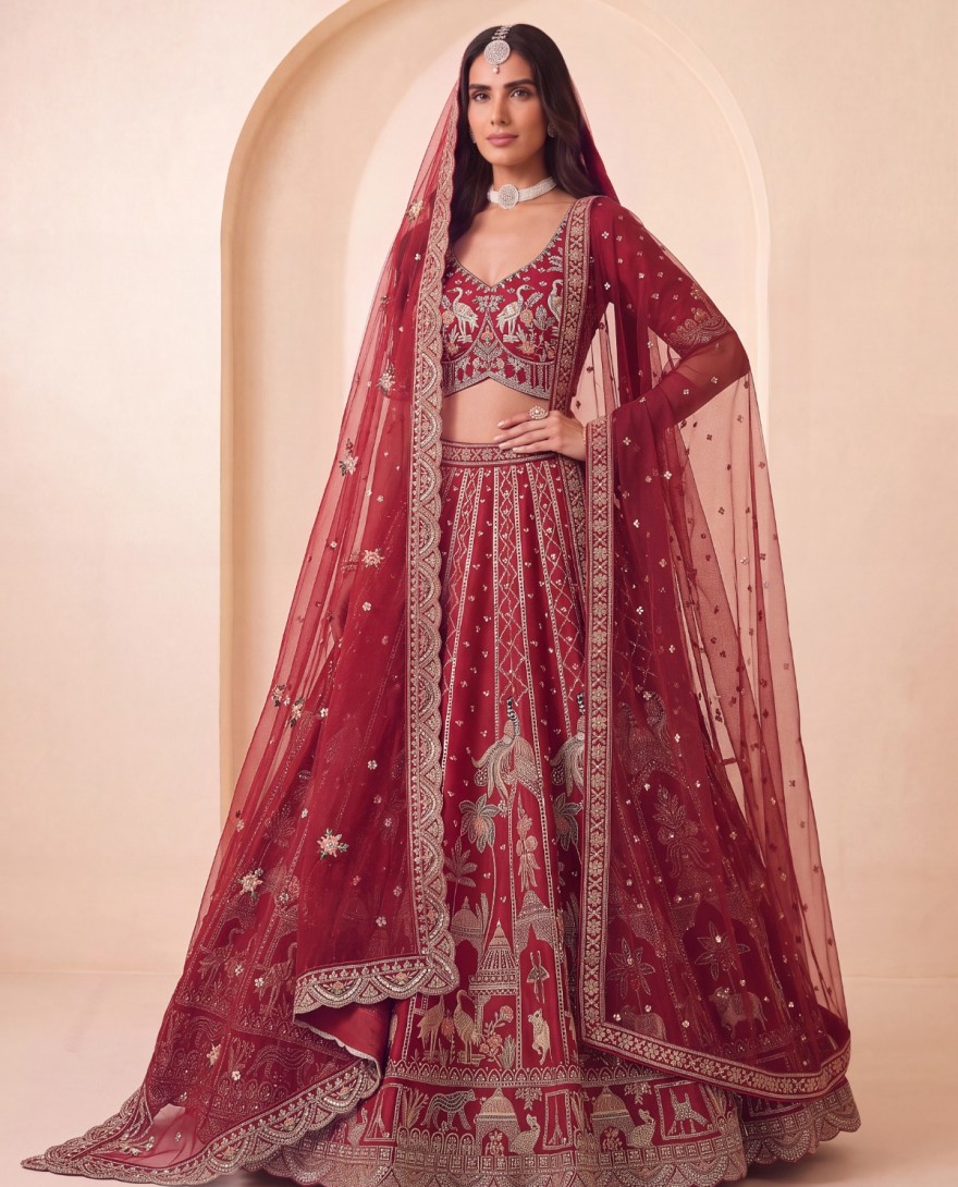 3073 - Silk Lehenga Choli In Red Colour